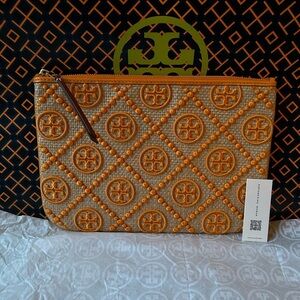 Tory Burch T Monogram Embroidered Straw Pouch Orange Citrine